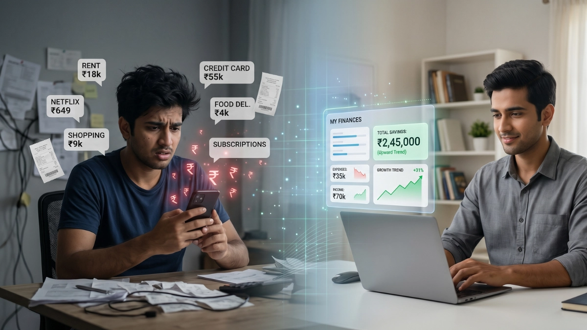 Before and after comparison showing the transition from financial stress and zero savings to complete control and consistent savings