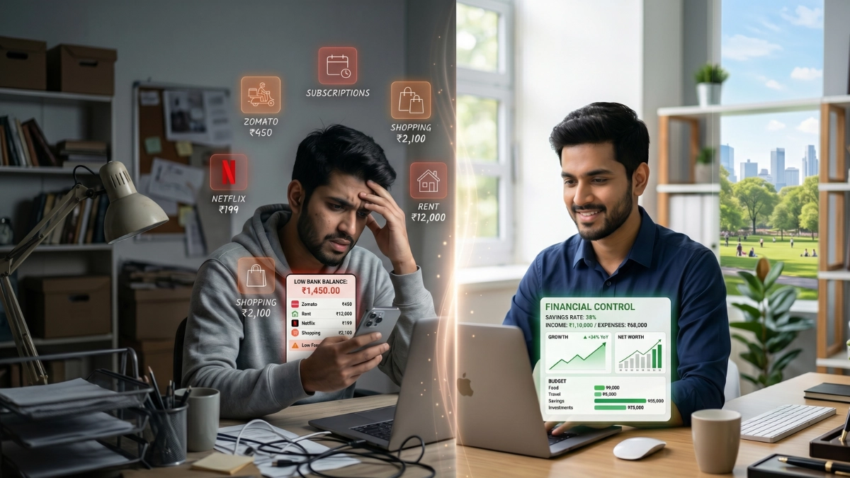 Visual representation of financial confusion versus clarity, showing the 4-step money saving system by Growth Pilot